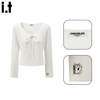 Chocoolate it women's french sweet v-neck bow t-shirt 2025 winter women's design pure desire slim-fitting top off-white s