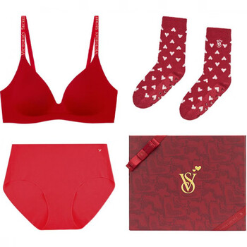 Victoria's secret yao ni honghong bra mid-waist panties love jacquard socks underwear suit women's red suit (red) xs m+m (75c/75d/80a/80b)