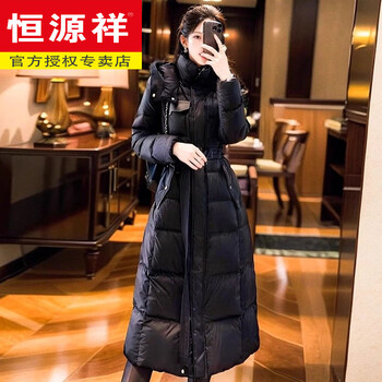 Hengyuanxiang 2025 winter european and american high-end khaki long waisted hooded goose down down jacket thickened coat coat for women black s within 100 pounds