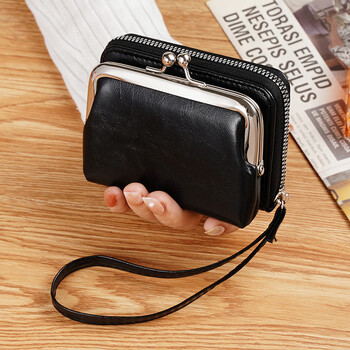 New women's fashion coin purse women's card bag coin purse zipper clip bag multi-card slot retro wallet black