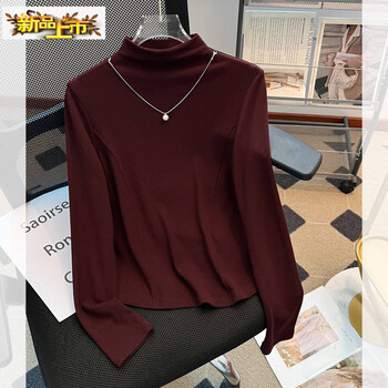 Chu jing burgundy half turtleneck brushed long-sleeved t-shirt with bottoming shirt for women, new fall and winter super nice top, burgundy, ready stock, shipped within 24 hours m