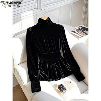 Woodpecker autumn and winter women's tops, fashionable style inner long-sleeved shirts, 2025 winter black thickened gold velvet bottoming shirt, high-end black without velvet, gold velvet m 100-110 catties