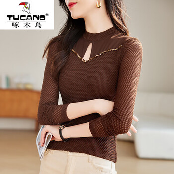 Woodpecker (tucano) half-high collar inner bottoming shirt for women 2025 new autumn and winter mesh long-sleeved top t-shirt fashionable shirt brown xl 112-125 pounds