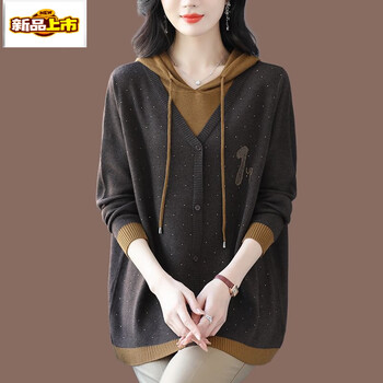 Initial diameter fat mm plus fat plus size fake two-piece hooded pullover wool knitted bottoming shirt loose and stylish for women in winter mustard yellow m 95-110 pounds