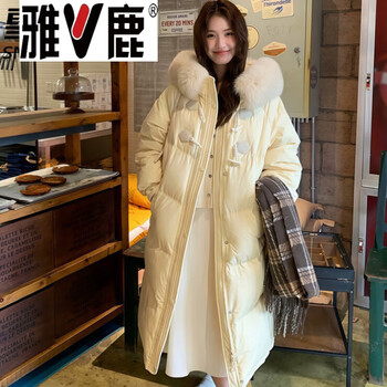 Yalu down jacket women's mid-length 2026 winter new horn button 90 white duck down big fur collar thickened loose jacket sydney yellow real fur collar s recommended 85 to 110 pounds high-end western style down jacket for small people