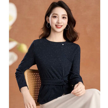 Kebel's high-end temperament, age-reducing slimming bottoming shirt for women 2025 new autumn light luxury style sequined round neck top l