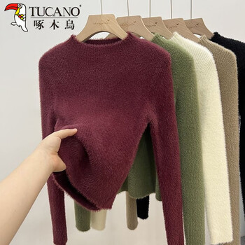 啄木鸟(tucano)新款加厚半高领水貂绒毛衣女秋冬高级洋气修身内搭针织打底衫上衣 酒红色 m (90-100斤)