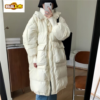 Chujing 2025 new white duck down big pocket threaded sleeve hooded down jacket women's long winter warm jacket off-white s 90-130 jin