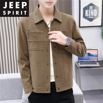 Jeep spirit pure cotton men's jacket spring and autumn new suede lapel work jacket short youth casual solid color jacket khaki l
