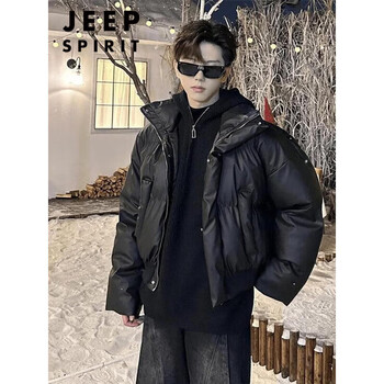Jeep spirit jeep american pu leather stand collar short down jacket men's thickened warm down jacket winter ootd wear black m 90--110 pounds can be worn