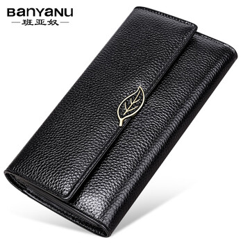Banyanu 2025 new korean style women's wallet women's long version first layer cowhide large capacity three-fold genuine leather wallet trendy black-anti-theft brush