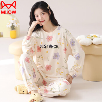 Miiow spring and autumn long-sleeved pajamas set cotton home wear women's large size korean style pure cotton can be worn outside chinese style casual y8729 m