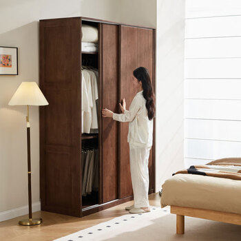 Lin's home all solid wood wardrobe bedroom home sliding door log style two door wardrobe wardrobe storage cabinet xiaoman series pk4d all solid wood | 1.6m walnut color wardrobe without drawers