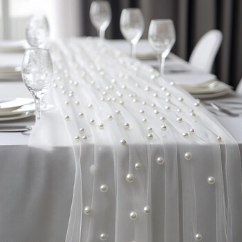 Fantasy outdoor wedding table runner pearl tulle holiday party wedding party decoration home table runner white pearl mesh 2mx3m