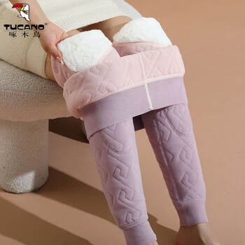 Woodpecker (tucano) warm pants for women to wear in winter, plus velvet and thickened high-waisted cold-proof cotton pants, northeastern extra-thick autumn pants, large size line pants, leggings, purple high-waisted rhombus knee pads, l x (80 to 110 pounds)