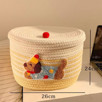 Fantasy cute puppy cotton thread woven storage basket household dustproof cover desktop snack storage basket porch storage box cute puppy (square basket)