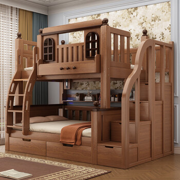 2025 new solid wood bed thickened upper and lower beds small apartment children's double bed high and low beds solid wood splicing storage bed ladder upper bed width 115 lower bed width 135 (comes with bookshelf)