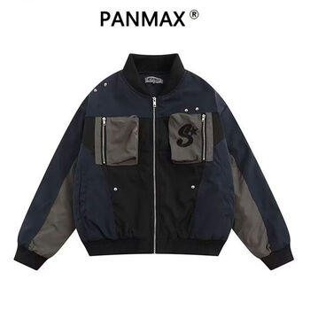 Panmax american retro heavyweight splicing functional baseball jacket men's winter loose bomber jacket navy blue xl recommended 160-180 pounds