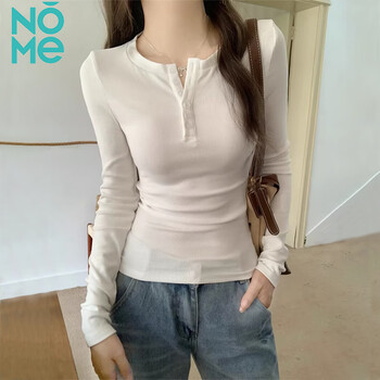 Nome threaded right shoulder long sleeve t-shirt women's round neck buttoned bottoming shirt early spring slim fit inner top white l