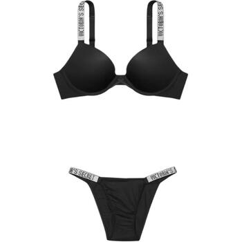 Victoria's secret rhinestone letters logo shoulder straps push-up padded underwire bra belt mid-rise underwear set women's suit (black) m 36b+(80b+m)
