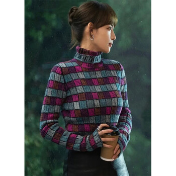 Good things come in pairs zhang jia ni jiangxi same style clothes plaid sweater turtleneck sweater bottoming top slim fit t-shirt plaid sweater s