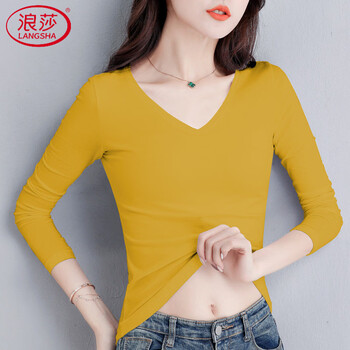 Langsha (langsha) new year red cotton collar bottoming shirt women's long sleeve 2026 new spring, autumn and winter style slim shirt with autumn clothes trendy ginger yellow long sleeve v neck s