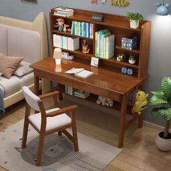Yusenyi small apartment student desk bookshelf integrated simple computer desk home bedroom solid wood desk children's desk study cr1128 walnut color table-armchair @available for children and adults 140x60x125cm