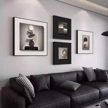 Vulgar modern light luxury living room decoration painting black and white gray abstract sofa background wall hanging painting high-end restaurant combination mural t136004 60*60+30*30+30*30+40*40 quadruple hd waterproof texture surface + environmentally friendly ps frame classic black frame