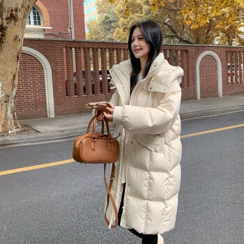 Luo meng cotton coat women's mid-length 2025 winter new korean version thickened hooded loose fashion jacket off-white s recommended 80-105 catties