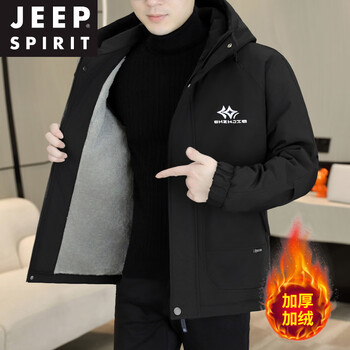 Jeep spirit men's winter velvet thickened jacket korean style hooded cotton coat trendy casual work jacket black 06-velvet thickened m