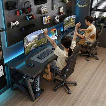 First forest double computer desk desktop with main station e-sports room e-sports table and chair set bedroom simple office desk workbench double position丨e-sports black 1.6m-free host holder