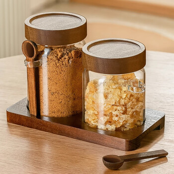 Fu jian glass sealed jar, tea jar with spoon, coffee bean storage jar, acacia wood household high-end storage brown sugar storage jar, single sealed jar with spoon-8*12cm