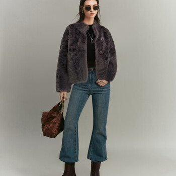 Sushe xiyu retro and elegant minimalist stand collar micro profile warm short faux fur jacket gemstone gray m