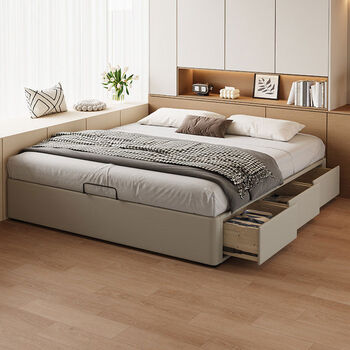 Beautiful italian style minimalist small apartment without bedside storage bed side opening box tatami children's bed second bedroom solid wood drawer bed 1500mm*1900mm all solid wood bed + spine protector 3e coconut palm mattress + bedside table 1 frame with three drawers