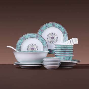 Jingdezhen official store home use enamel color tableware set ceramic overglaze color eating bowls and plates housewarming gift box for elders blue enamel tableware set 26 pieces