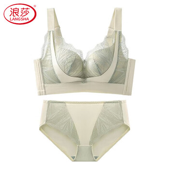 Langsha women's thin underwear large breast revealing small adjustable breast reduction anti-sagging gathering wireless lace bra vanilla green suit 75b 34