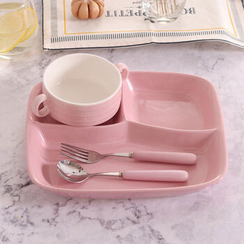 Yusenyi divided plate fat-reduced fast food plate student divided plate canteen rice plate divided plate confinement tableware set plate + bowl + fork spoon powder four-piece set comes with the same color flavor plate