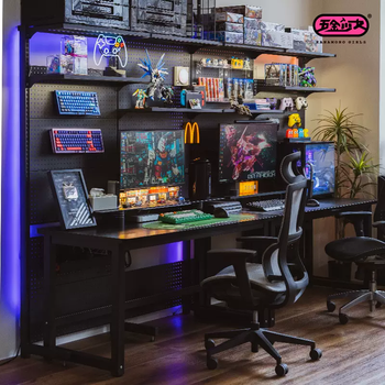Yusenyi 210cm gaming computer desk simple modern metal desk perforated board desk and bookshelf all dimensions are measured manually and there will be a 12cm error