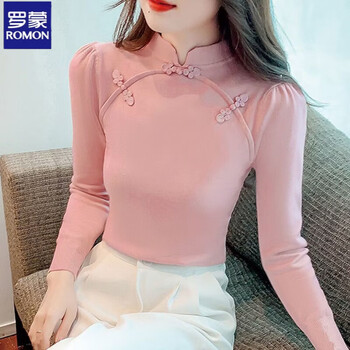 Luo meng new chinese style retro disk button half turtle collar bottoming shirt women's autumn and winter warm slim slim long sleeve versatile top w839 pink style 75 recommended - 85 catties