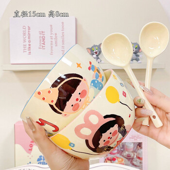 Tuojin 6-inch large bowl of soup noodle bowl for home use 2025 new high-looking and cute tableware ceramic salad bowl for children over 6 years old mix and match - 6-inch noodle bowl (2 bowls 2 spoons)