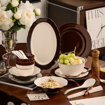 Romance days maillard brown bowl set household bowls, plates and tableware complete gift box housewarming practical high-end wedding gift exquisite gift box maillard brown tableware 10-piece set for 2 people