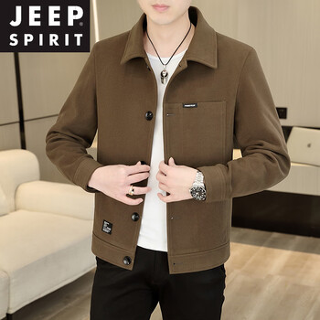 Jeep spirit young and middle-aged woolen jacket men's spring and autumn new high-end casual fashion lapel jacket thickened men's top brown 2xl