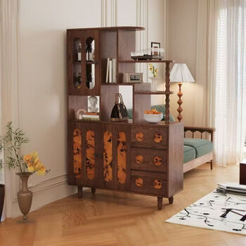 Medieval style solid wood hall cabinet wine cabinet living room entrance cabinet shoe cabinet partition cabinet multi-functional integrated storage cabinet walnut color ash solid wood