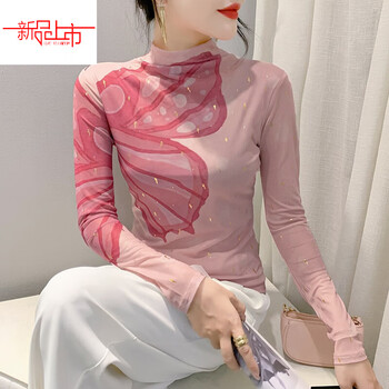Yalu fashion butterfly print bottoming shirt women's autumn and winter new half-turtle collar mesh top trendy slim long sleeve t-shirt women picture color s