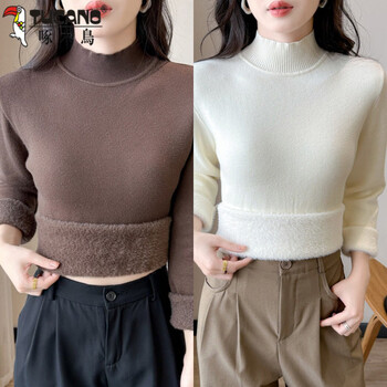 Woodpecker (tucano) half-turtleneck sweater for women in winter, thickened one-piece velvet bottoming shirt with 2025 new slim fit knitted warm top, coffee apricot mid-collar style, one size fits all 80-140 pounds (full body plus velvet)