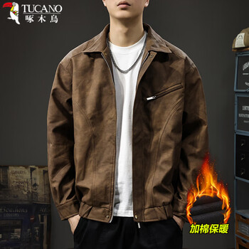 Woodpecker (tucano) american high-end retro leather jacket for men in autumn and winter, loose and trendy, handsome and versatile, lapel leather jacket for men, coffee color, cotton style, l, recommended 130-145 pounds