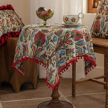 Beautiful as the dawn, american retro small round tablecloth, living room corner tablecloth, light luxury and high-end dining table cloth, dustproof cloth, tassel tablecloth, southern xia red fur ball edge tablecloth 60*60cm