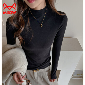 Miiow tencel lyocell brushed half turtleneck long-sleeved bottoming shirt for women, comfortable and simple velvet feel for autumn and winter, black s (suitable for people under 95 pounds)