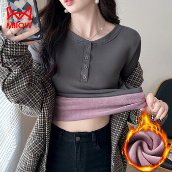 Miiow velvet bottoming shirt for women in autumn and winter thickened inner round neck long sleeve outer velvet top autumn coat gray one size (recommended 80-125 pounds)