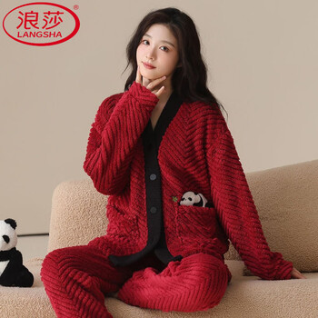 Langsha qiji red pajamas women's autumn and winter plus velvet thickened flannel cardigan set 2025 zodiac year festive home clothing 85505 women's coral velvet pajamas xl